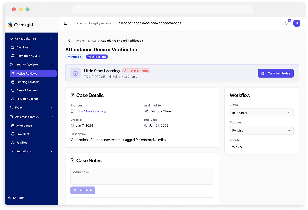 Wonderschool subsidy administration platform visualizing relationships between providers and families to identify coordinated behavior, attendance anomalies, and potential child care subsidy fraud.