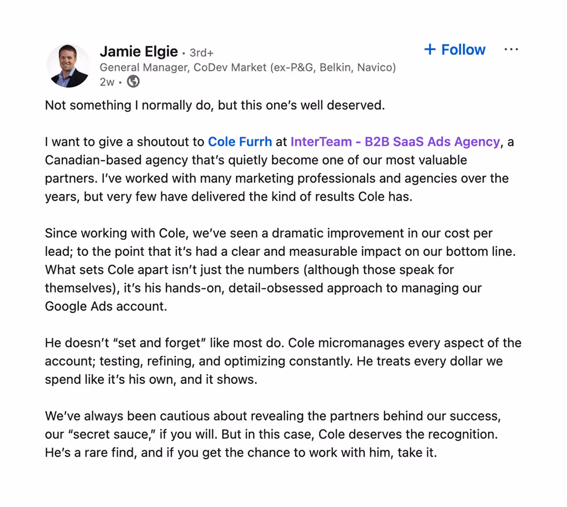 testimonial of Jamie Elgie, General Manager of CoDev