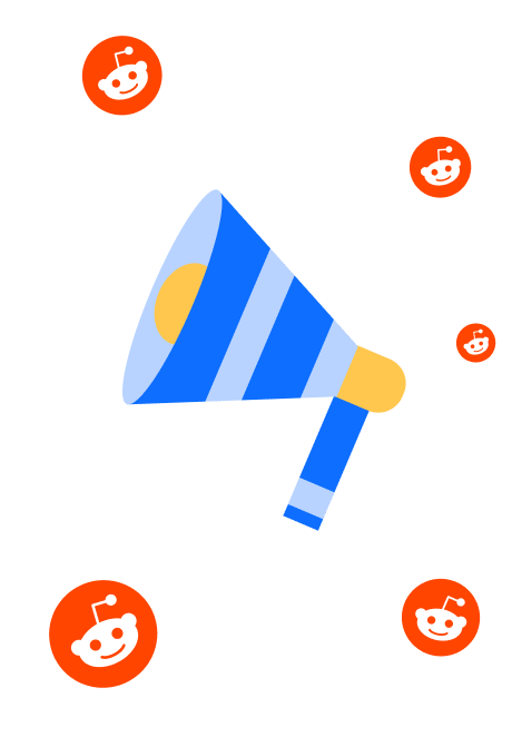An illustration of the megaphone and a reddit ads icon for desktop