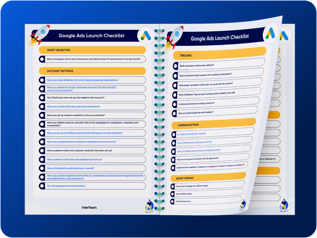 An illustration of a binded book of Google Ads Launch Checklist