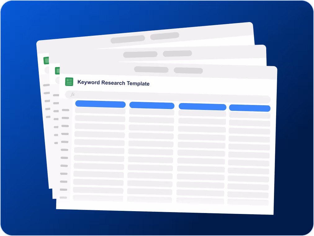 Digital spreadsheet titled Keyword Research Template with several columns and rows highlighted in blue on a blue background.
