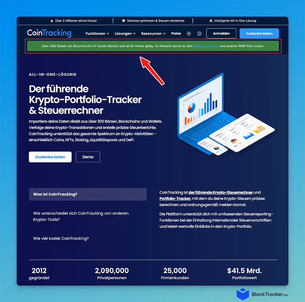 CoinTracking-Webseite bietet Krypto-Portfolio-Tracking und Steuerberechnung, mit einem Banner über einen 10%igen Rabatt und einer hervorgehobenen Chartdarstellung.