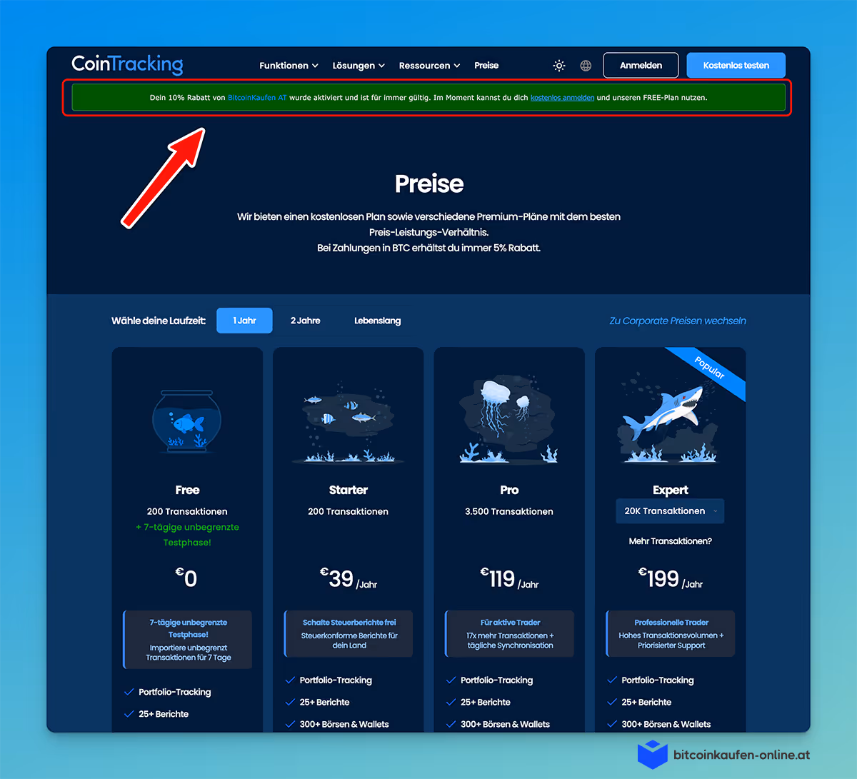 Preisseite von CoinTracking mit den Tarifen „Free“, „Starter“, „Pro“ und „Expert“ und einem hervorgehobenen Banner mit 10 % Rabatt.