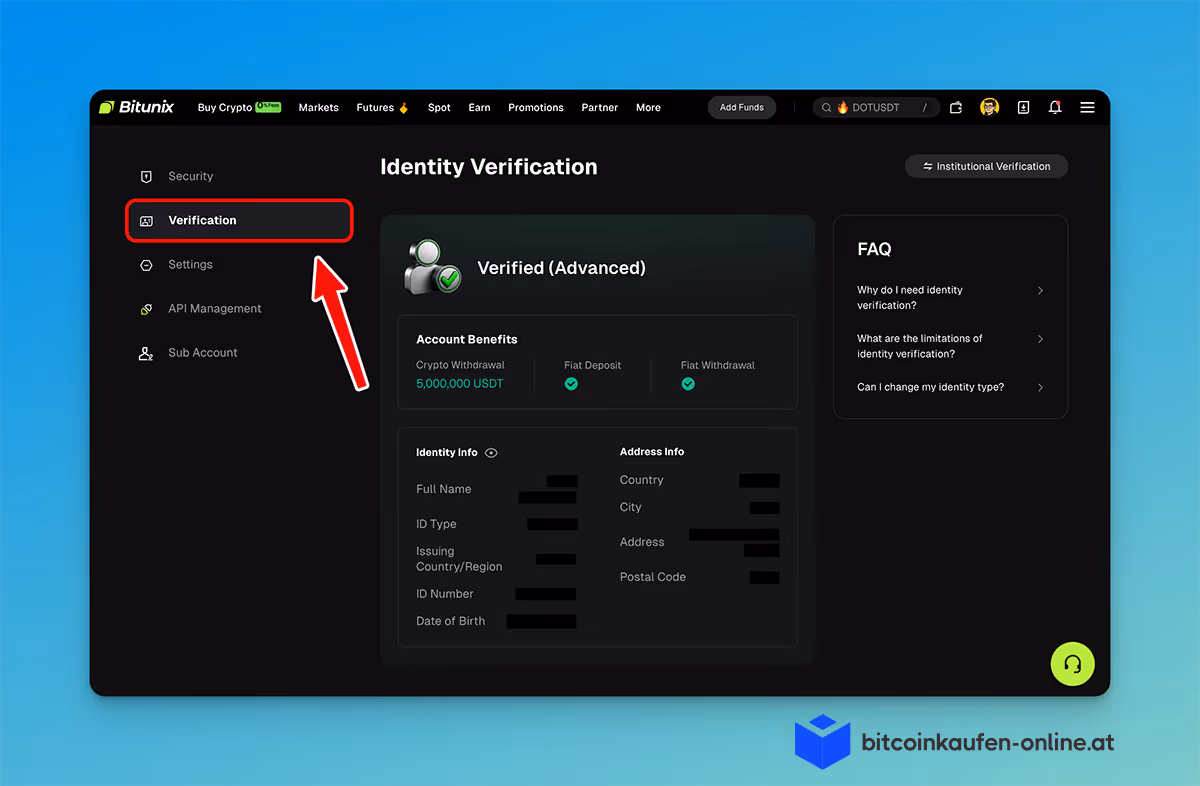 Die Seite zur Identitätsprüfung der Bitunix-Plattform zeigt den verifizierten erweiterten Status, die Vorteile des Kontos, die Identität und die Adressdaten mit unscharfen persönlichen Angaben.