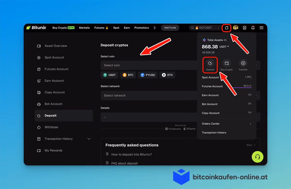 Bildschirm der Bitunix-Krypto-Plattform mit dem Bereich „Kryptowährungen einzahlen“ und Auswahlmöglichkeiten für Coins und Netzwerke; rote Pfeile markieren das Menü „Einzahlen“ und das Symbol.