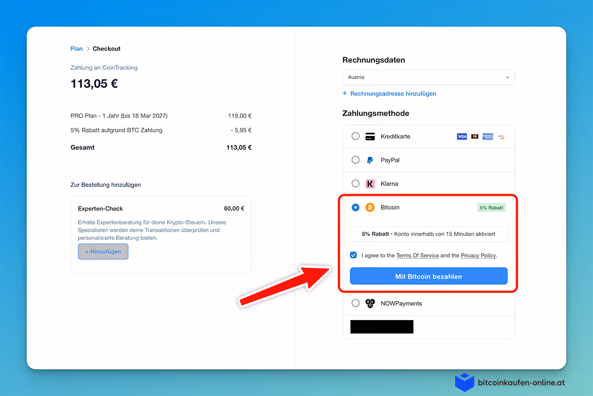 Die Checkout-Seite zeigt die Zahlungsoptionen an, darunter Bitcoin mit 5 % Rabatt, einen Gesamtpreis von 113,05 Euro und die Möglichkeit, eine Expertenprüfung hinzuzufügen.