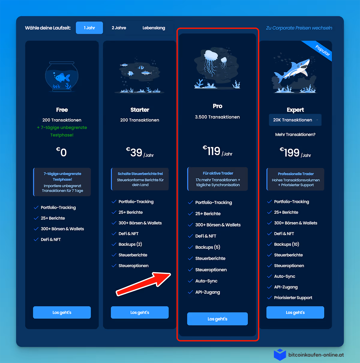 Preistabelle mit vier Abonnementmodellen: „Free“, „Starter“, „Pro“ und „Expert“, in der Funktionen, Transaktionslimits und Jahrespreise in Euro aufgeführt sind, wobei „Pro“ durch einen roten Rahmen hervorgehoben ist.