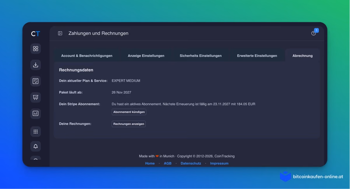 Abrechnungsseite in CoinTracking mit aktivem Expert-Tarif, Ablaufdatum, Hinweis auf die nächste Stripe-Erneuerung und dem Button Abonnement kündigen.