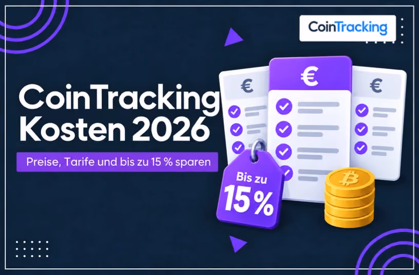 CoinTracking Kosten 2026: Preise, Tarife und bis zu 15% sparen, Titelbild mit Tarifübersicht, Rabatt-Anhänger und Bitcoin-Münzen