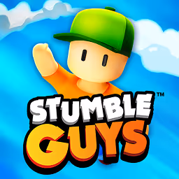 Cartoon character wearing a green cap and orange shirt above the Stumble Guys game logo in bold white and orange letters.