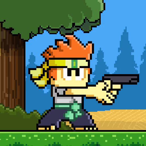 Pixel art character with orange hair and a yellow bandana aiming a gun in a forest setting.