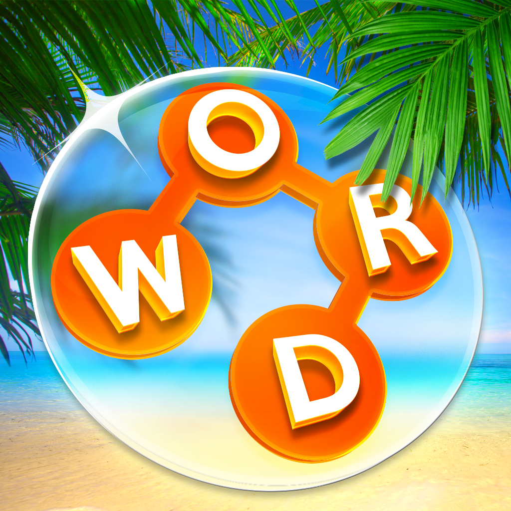 Orange circular tiles with white letters W, O, R, and D connected, over a beach background with palm leaves and ocean.