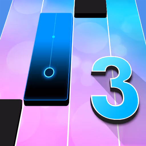 Close-up of a piano tiles game interface with black and blue piano keys and a large blue number 3 on a pastel gradient background.