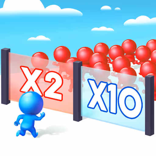 Blue figure running towards two gates, one marked X2 with few red figures behind it and one marked X10 with many red figures behind it.