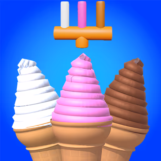 Three ice cream cones with swirled soft serve in vanilla, strawberry, and chocolate flavors against a blue background.