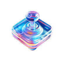 Transparent joystick with blue and pink neon lighting on a black background.