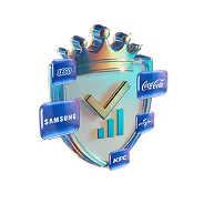 Shiny metallic shield crowned at the top with logos of Samsung, Coca-Cola, KFC, and Visa surrounding it.