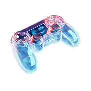 Transparent video game controller with neon pink and blue lighting effects.