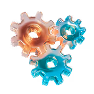 Three interlocking gears in copper and teal colors on a transparent background.