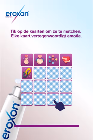 Eroxon branded memory matching game with emotion icons including heart hands, handshake, heart molecule, heart in hands, and magnet on pink cards; instructions in Dutch.