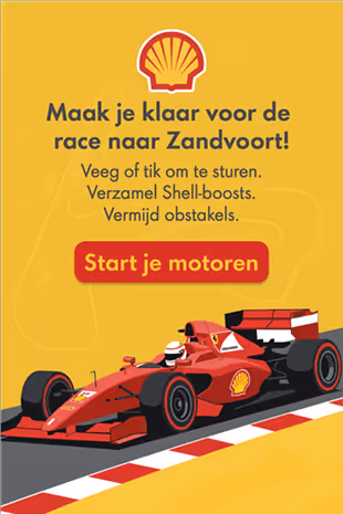 Illustration of a red Formula 1 race car with Shell logo on a racetrack, with Dutch text encouraging preparation for the race to Zandvoort.