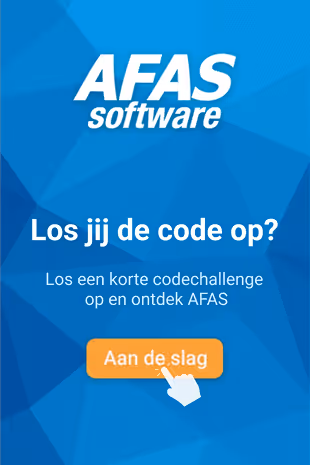 AFAS software logo on blue geometric background with Dutch text inviting to solve a short code challenge and a hand clicking an orange button labeled Aan de slag.
