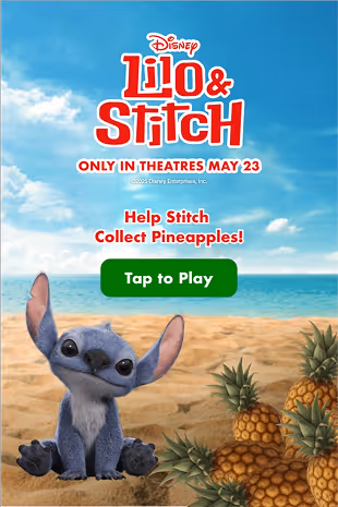 Promotional image for Disney's Lilo & Stitch with Stitch sitting on sand near pineapples on a beach and a green 'Tap to Play' button.