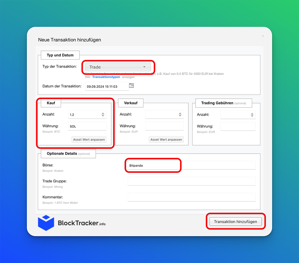 Screenshot eines Transaktionsformulars von Cointracking.info mit Feldern für Transaktionstyp, Datum, Kauf- und Verkaufsbeträge, Handelsgebühren und optionale Details, mit hervorgehobener Schaltfläche „Transaktion hinzufügen“.