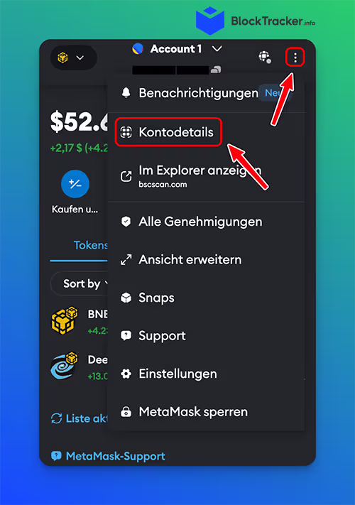Metamask Wallet, die ein Kontomenü mit Optionen wie „Kontodetails“, „Einstellungen“ und „MetaMask-Support“ zeigt. Ein Pfeil zeigt auf „Kontodetails“.