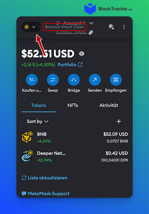 Metamask Wallet auf der Binance Smart Chain, die einen Kontostand von 52,51 USD mit Token-Details und Sortieroptionen anzeigt.