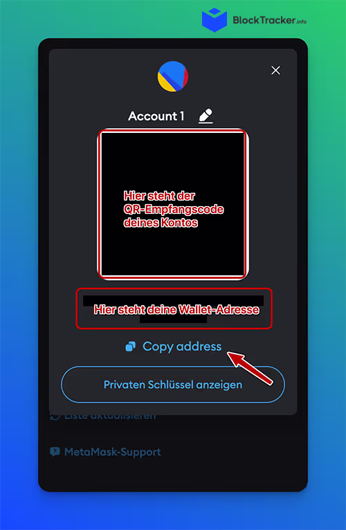 Die Metamask Wallet zeigt einen QR-Code-Platzhalter für ein Konto, beschriftet mit der Wallet-Adresse und Optionen zum Kopieren der Adresse oder Anzeigen des privaten Schlüssels.