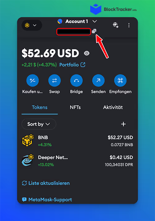 Metamask Wallet mit einem Kontostand von 52,69 USD und verfügbaren Transaktionen für BNB- und Deeper Network-Token.