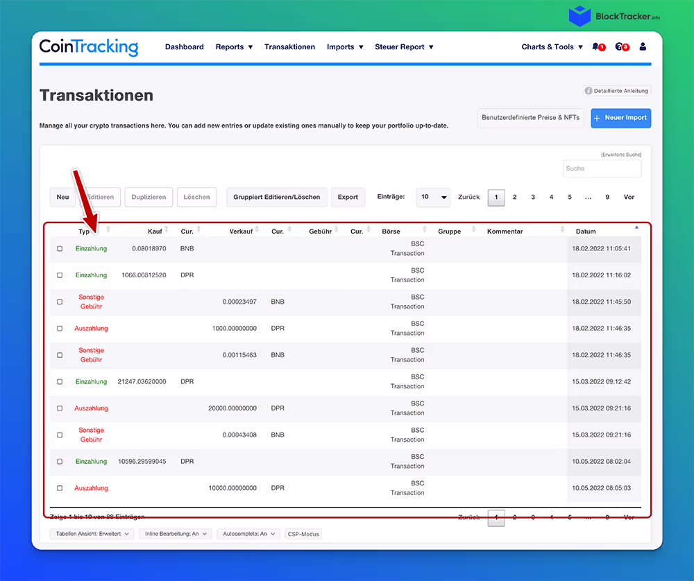 CoinTracking-Tabelle mit Einträgen für Käufe und Abhebungen, einschließlich Spalten für Wert, Typ, Gebühr, Gruppe, Kommentar und Datum.