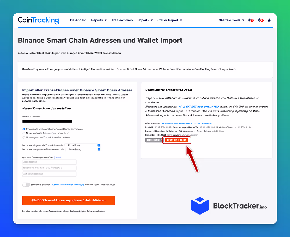 Anweisungen zur Binance Smart Chain-Adresse und zum Wallet-Import. Ein roter Pfeil zeigt auf eine Schaltfläche mit der Aufschrift „Jetzt checken“.