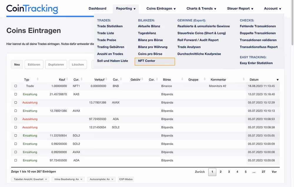 Cointracking NFT Center öffnen