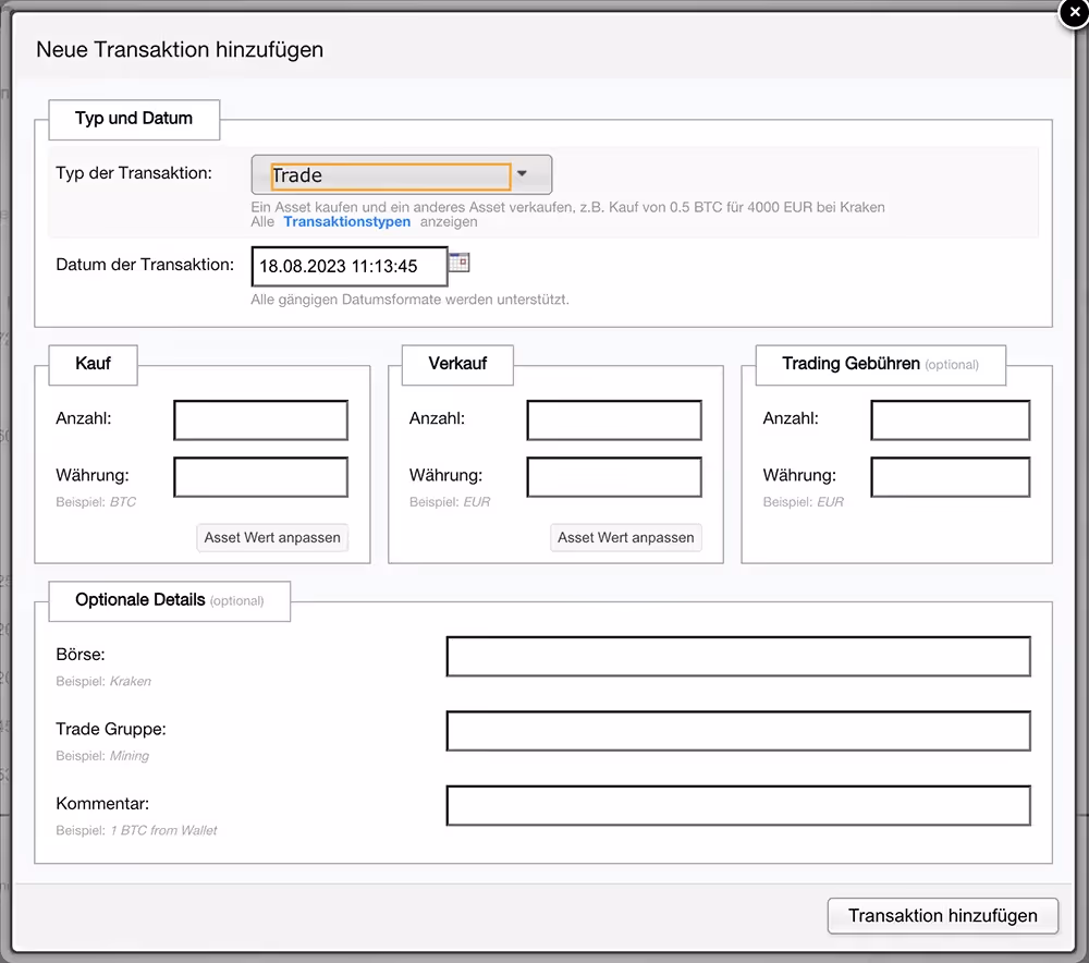 NFT-Transaktion eintragen