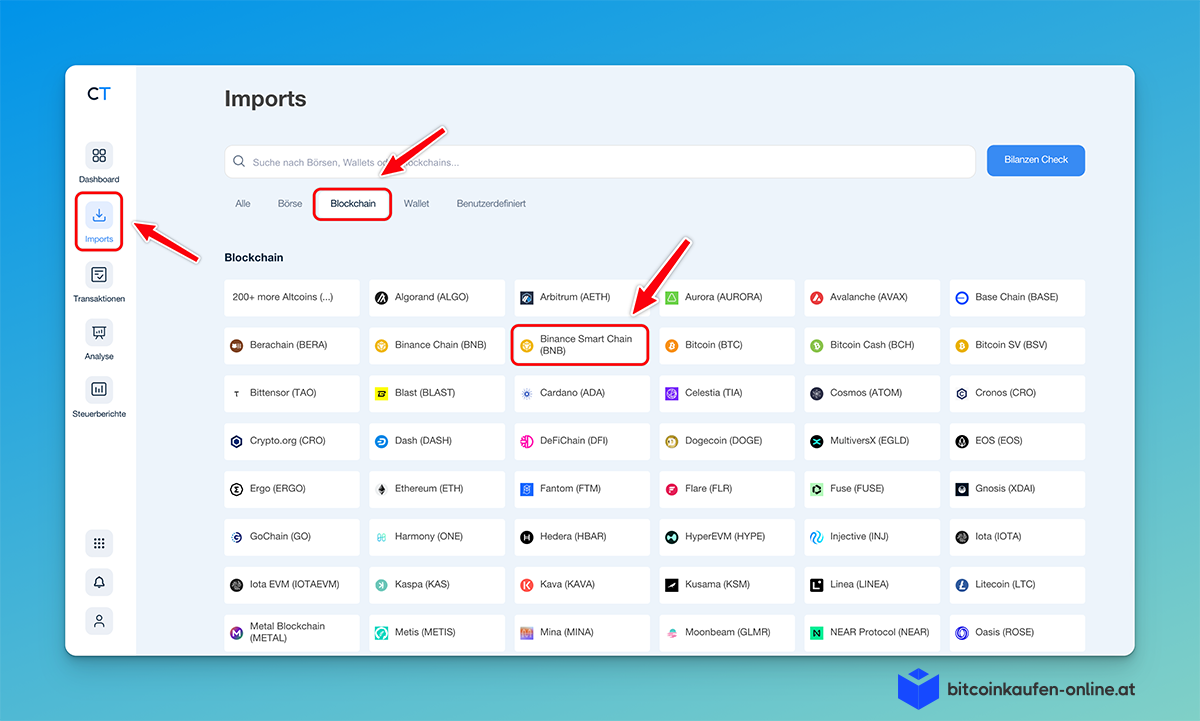  CoinTracking Import-Oberfläche zeigt verschiedene Blockchain-Netzwerke, mit Pfeilen, die die Registerkarte "Importe", den Blockchain-Filter und die Binance-Smart-Chain-Option für Transaktionen importieren aus Metamask Wallet hervorheben.