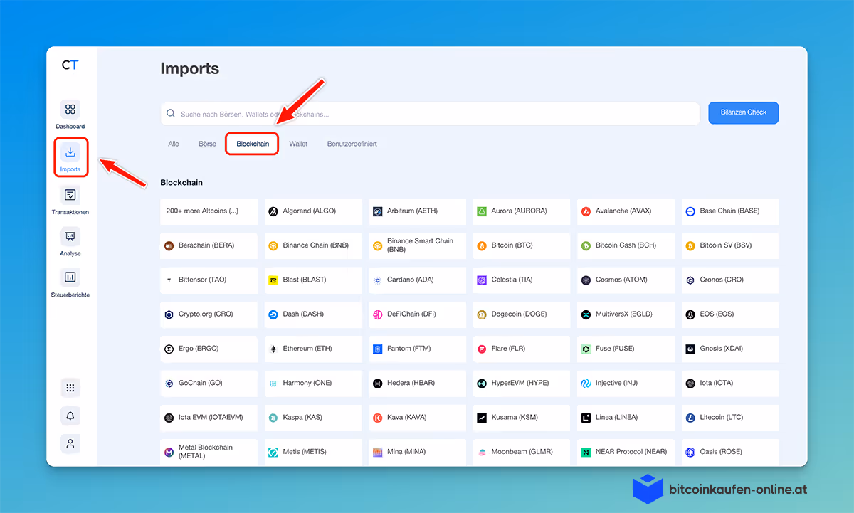 CoinTracking Import-Oberfläche mit verschiedenen Blockchain-Optionen, einem Navigationsmenü auf der linken Seite und einer Suchleiste am oberen Rand zum einfachen Importieren von Transaktionen aus Metamask Wallet.