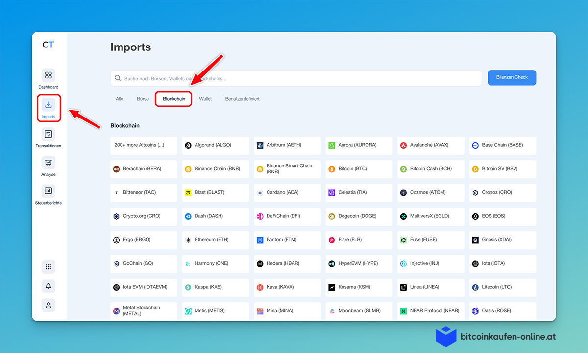 CoinTracking Import-Oberfläche mit verschiedenen Blockchain-Optionen, einem Navigationsmenü auf der linken Seite und einer Suchleiste am oberen Rand zum einfachen Importieren von Transaktionen aus Metamask Wallet.