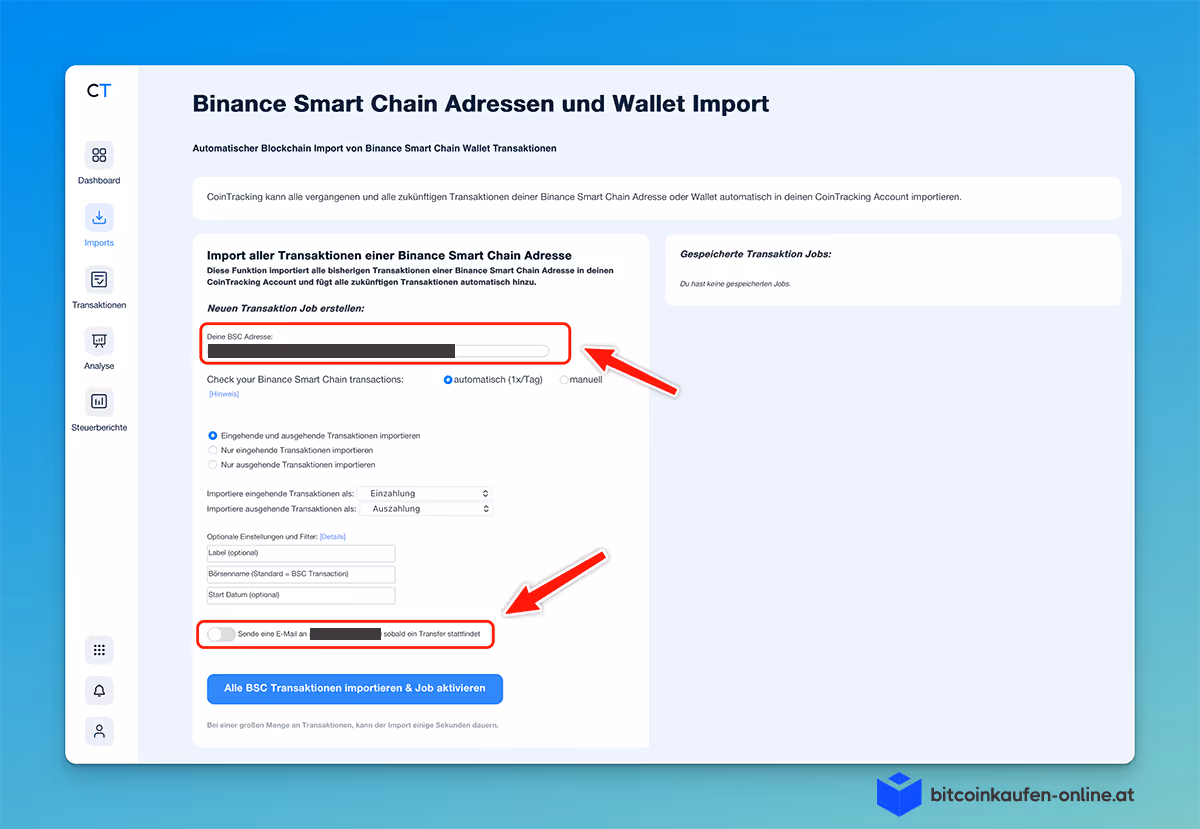Die CoinTracking-Schnittstelle zum Importieren von Binance Smart Chain-Adressen und Wallet-Transaktionen, wobei Felder und Optionen durch rote Pfeile hervorgehoben sind.