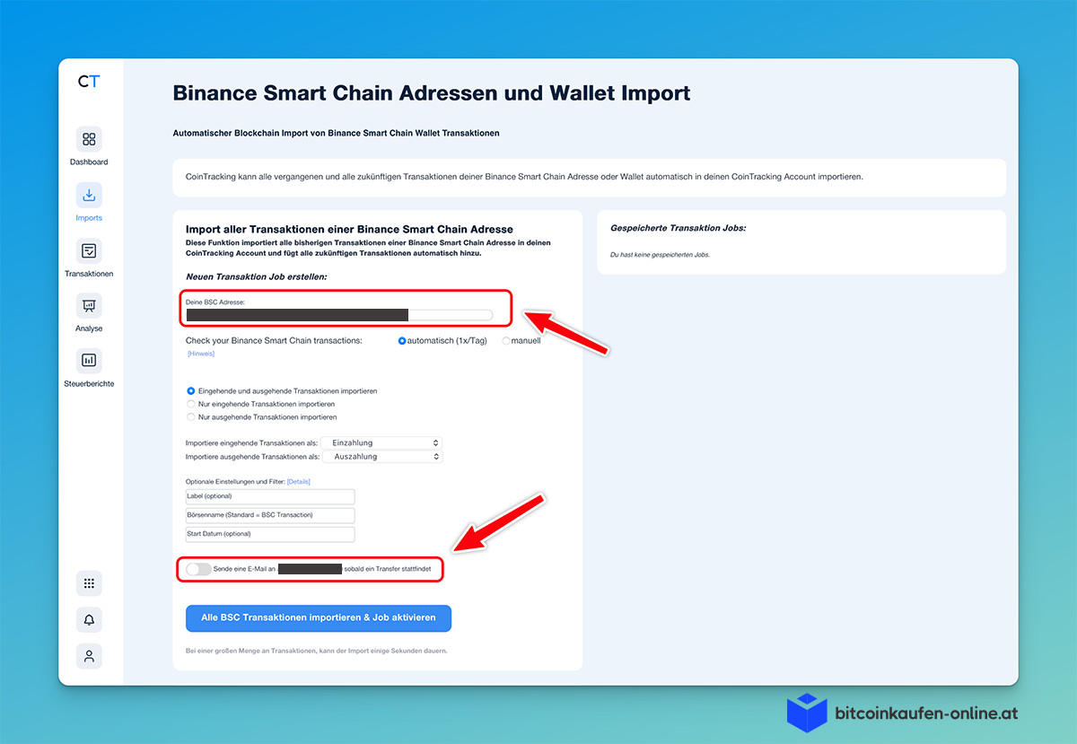 Die CoinTracking-Schnittstelle zum Importieren von Binance Smart Chain-Adressen und Wallet-Transaktionen, wobei Felder und Optionen durch rote Pfeile hervorgehoben sind.