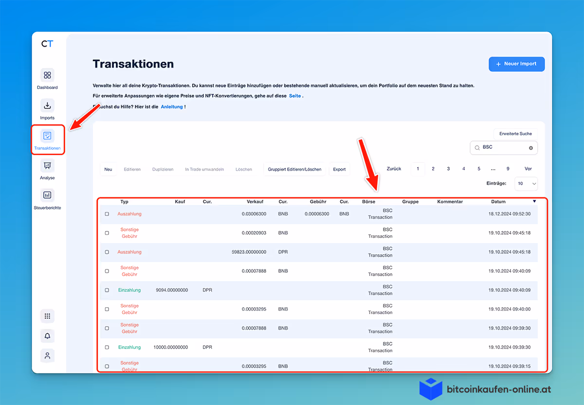 Transaktionsoberfläche von CoinTracking, das eine nach Typ, Datum, Beträgen und Vermögenswerten gefilterte Liste anzeigt.