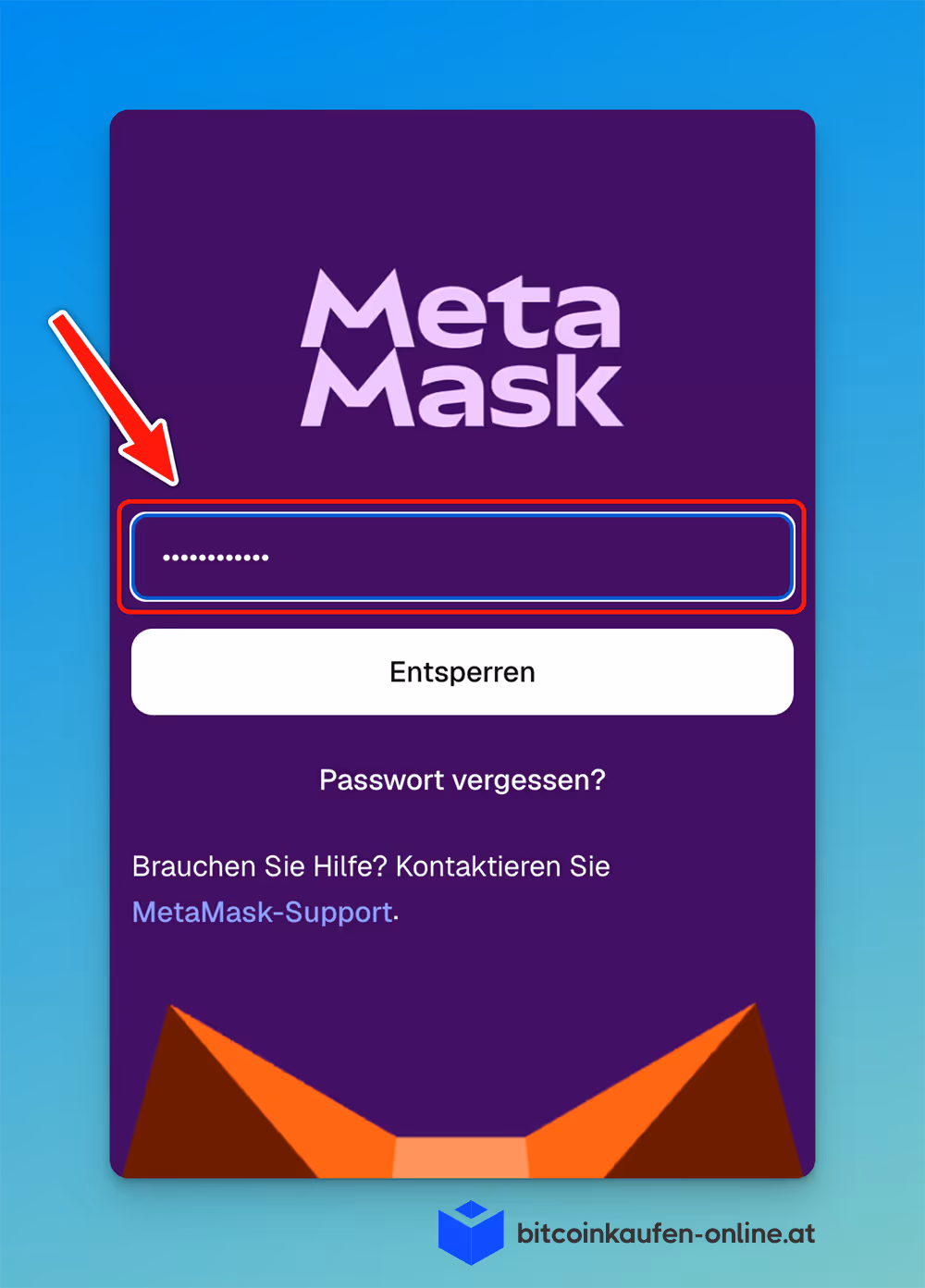 Ein MetaMask Wallet Anmeldebildschirm zeigt ein hervorgehobenes Passwort-Eingabefeld, einen Pfeil, der darauf zeigt, und Optionen zum Entsperren, Passwort-Wiederherstellung und Transaktionen importieren mit CoinTracking.