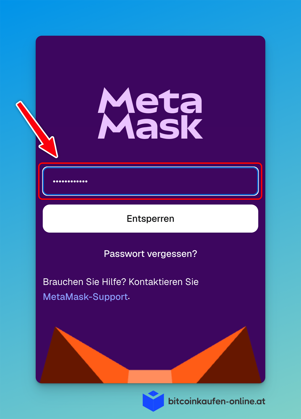 Ein MetaMask Wallet Anmeldebildschirm zeigt ein hervorgehobenes Passwort-Eingabefeld, einen Pfeil, der darauf zeigt, und Optionen zum Entsperren, Passwort-Wiederherstellung und Transaktionen importieren mit CoinTracking.