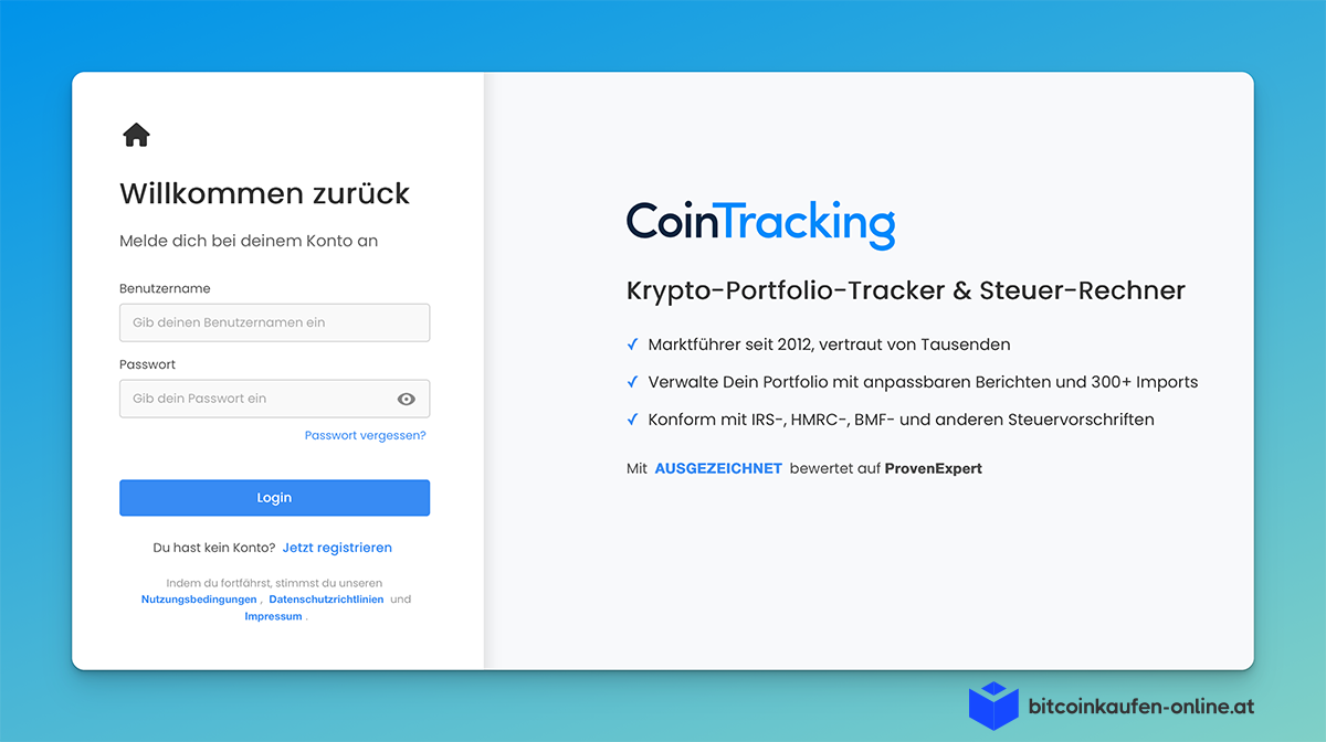 Anmeldeseite für CoinTracking mit Feldern für Benutzername und Passwort. Zu den Funktionen gehören Marktführerstatus, Portfoliomanagement und Steuerberichte. Von ProvenExpert mit „Ausgezeichnet“ bewertet.