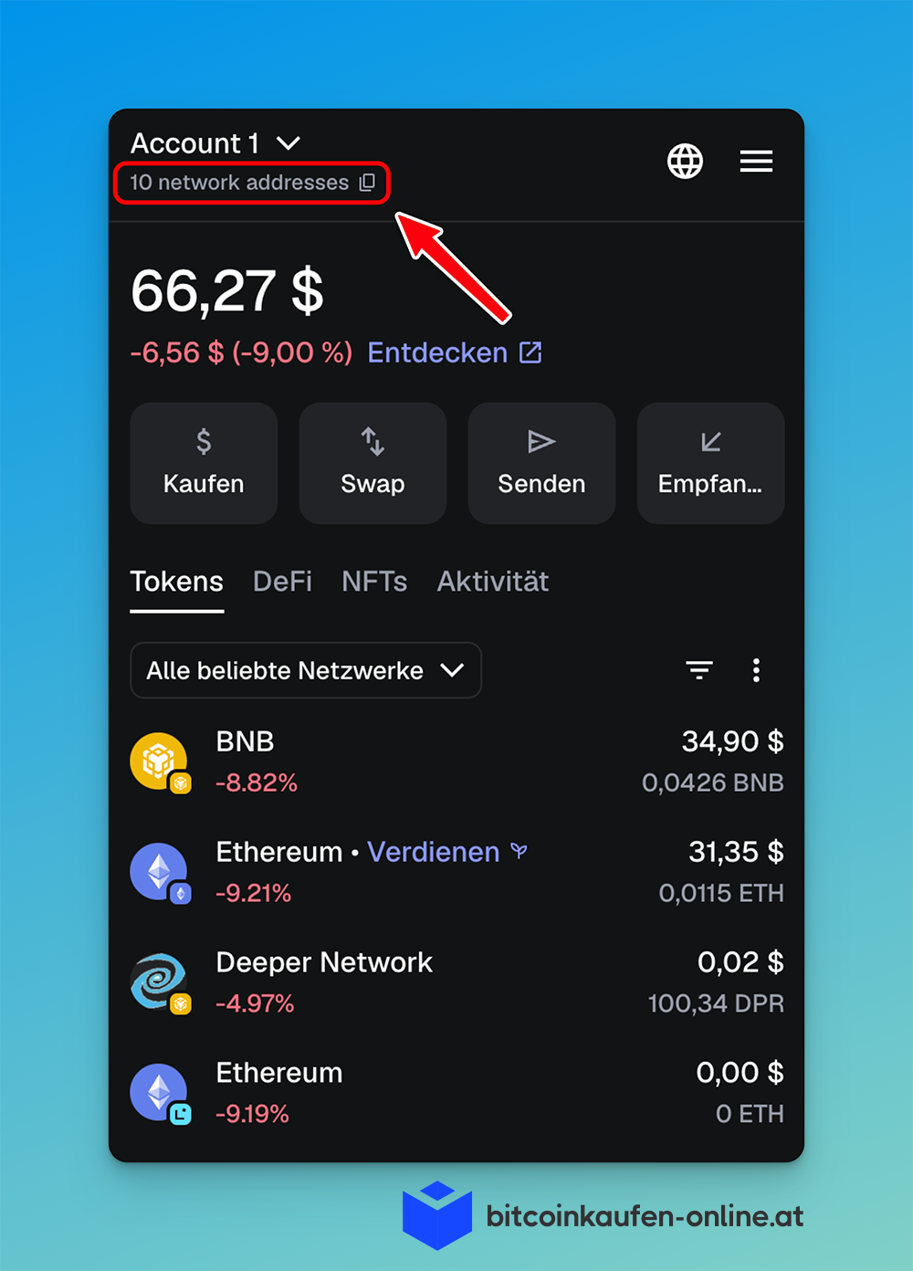 Metamask Wallet, die Kontodetails, Token-Salden und einen hervorgehobenen Bereich mit "10 Netzwerkadressen" anzeigt.