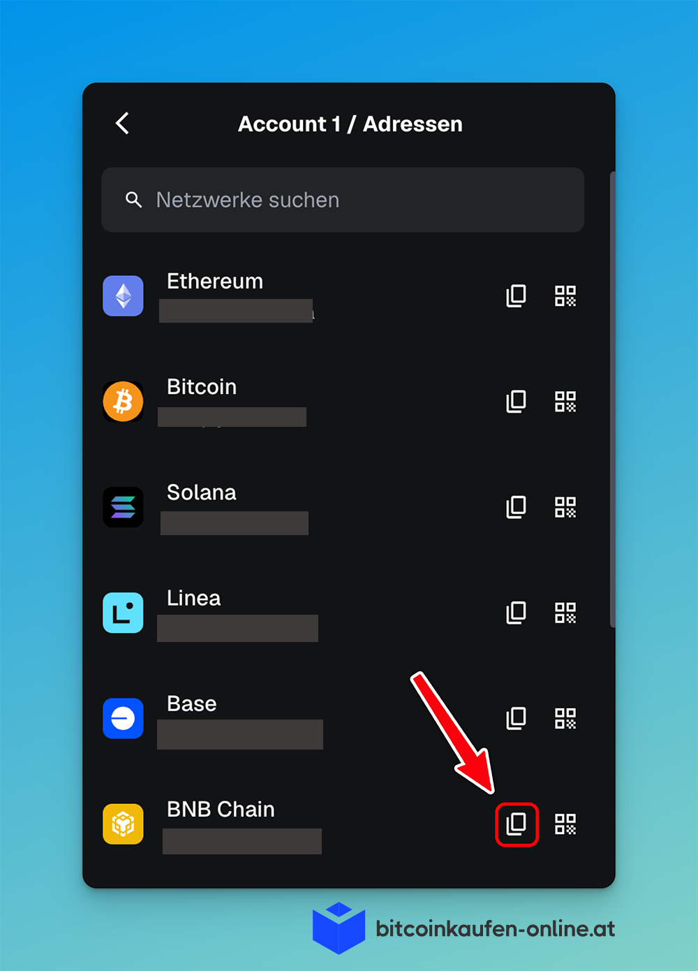 Metamask Wallet zeigt Netzwerke wie Ethereum, Bitcoin, Solana und BNB Chain an - mit einem roten Pfeil, der auf das Symbol zum Kopieren der Adresse für BNB Chain zeigt.