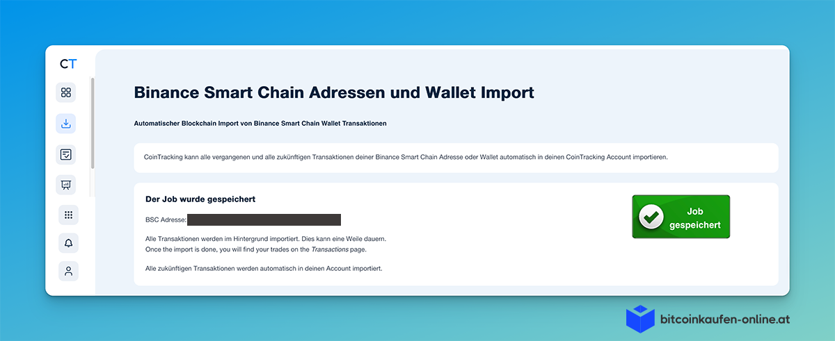 CoinTracking-Importschnittstelle, die eine Bestätigung zeigt, dass ein Job erfolgreich gespeichert wurde.
