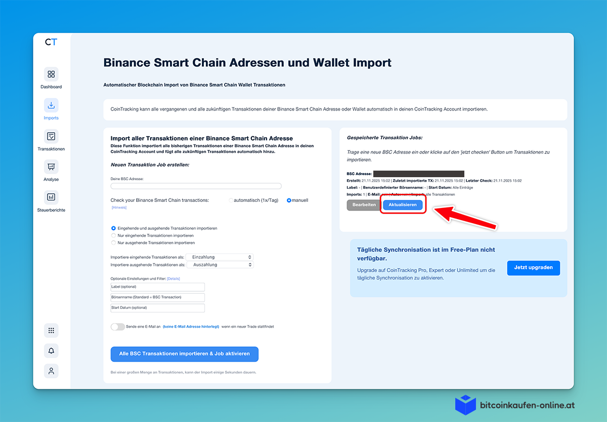 CoinTracking- Oberfläche zum Importieren von Transaktionen aus Binance Smart Chain oder Metamask Wallet, mit einem roten Pfeil, der auf die blaue Schaltfläche "Aktualisieren" zeigt.