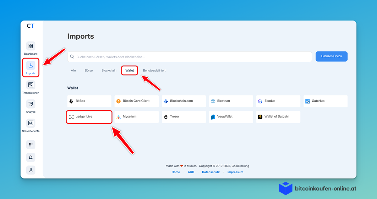 CoinTracking-Importbildschirm zeigt Wallet-Optionen wie BitBox, Bitcoin Core und Ledger Wallet, wobei Pfeile die Registerkarte "Wallet" und die Auswahl "Ledger Wallet" für eine einfache CoinTracking-Integration hervorheben.